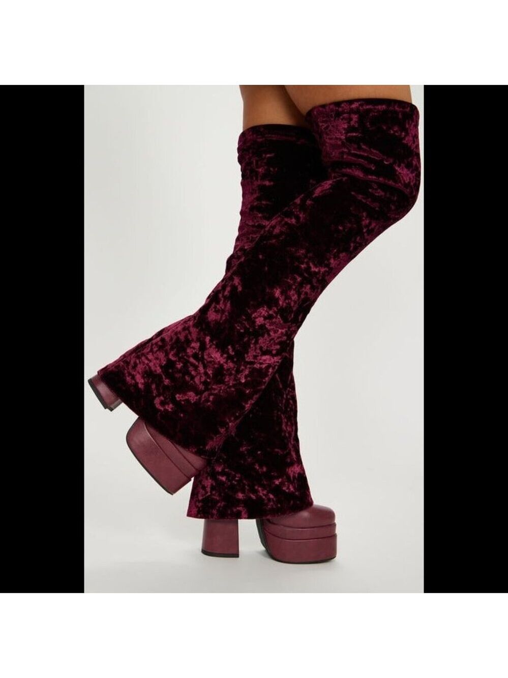Good Will Unique Thigh High Wine Red Velvet Fold over Chunky Heel Platform Boots - Picture 9 of 10